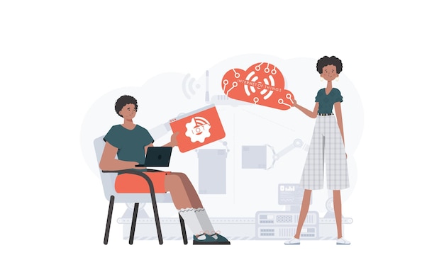 The girl and the guy are a team in the field of Internet of things IOT and automation concept Good for presentations and websites Vector illustration