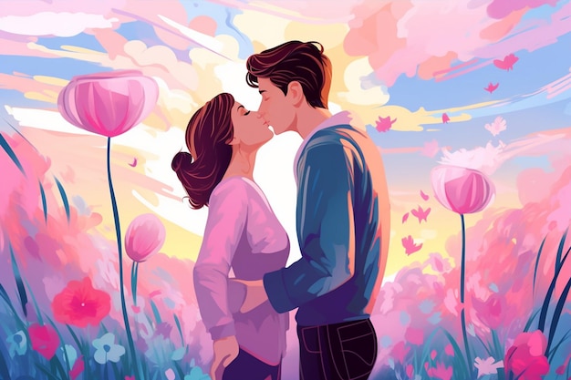 Vector girl and guy kissing cartoon illustration