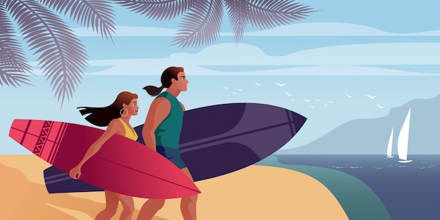 Girl and guy with surfboards on the sea beach Vector illustration mockup