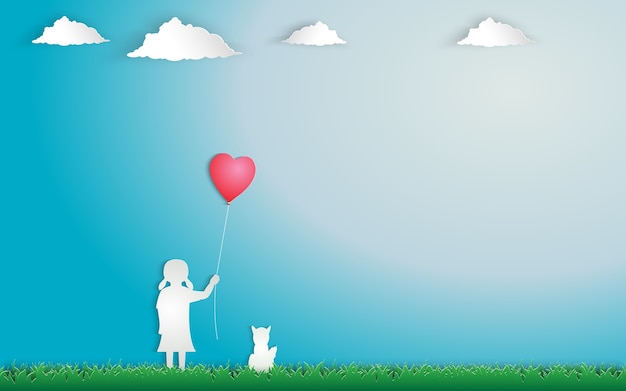 Vector girl in hand with red heart balloon standing on a green meadow.