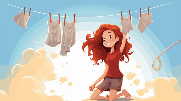 Vector girl hanging out washing illustration