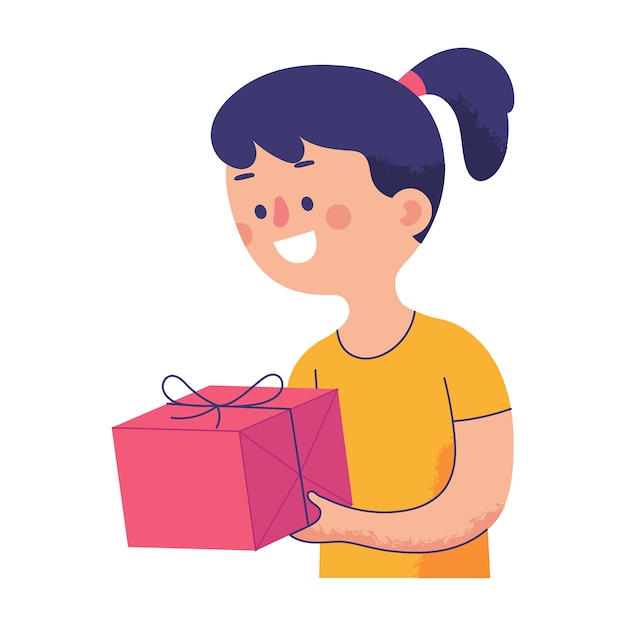 girl happily holding a large present in her hand  