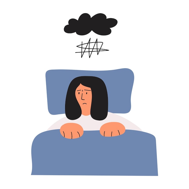 Girl have insomnia feel depressed and anxiety Hand drawn vector illustration