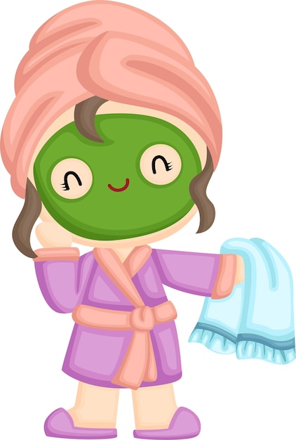 a girl in her bathrobe and wearing a beauty mask