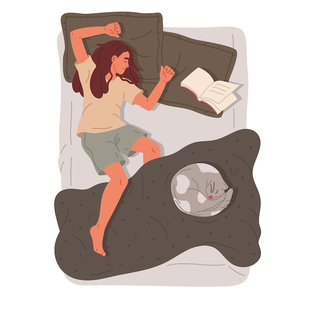 Girl and her pet relaxing under blanket Female character resting in bed with cute cat flat hand drawn vector illustration Sleeping person in bed