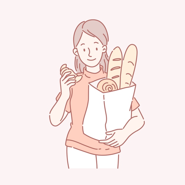 Girl holding a bag of bakery bread in line art