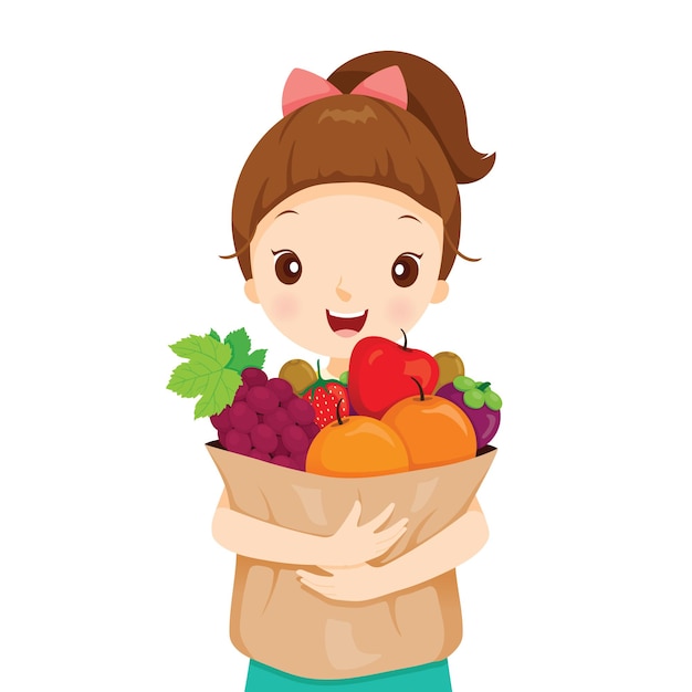 Girl Holding Bag Full Of Fruits, Healthy Eating