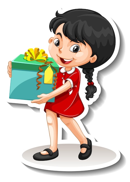 A girl holding a big gift box cartoon character