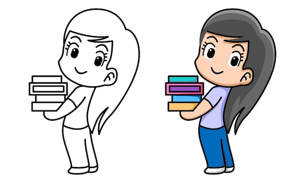 girl holding books coloring page for kids