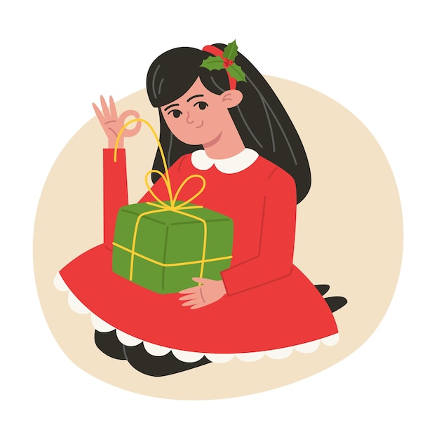 Girl holding a Christmas present illustration in flat style