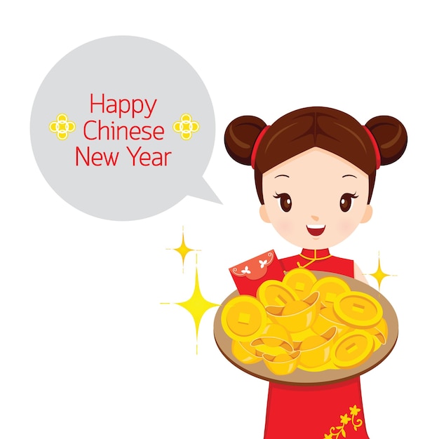 Girl Holding Dish Of Gold, Traditional Celebration, China, Happy Chinese New Year