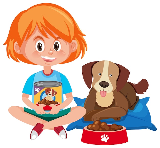 Girl holding dog food with cute dog on white background