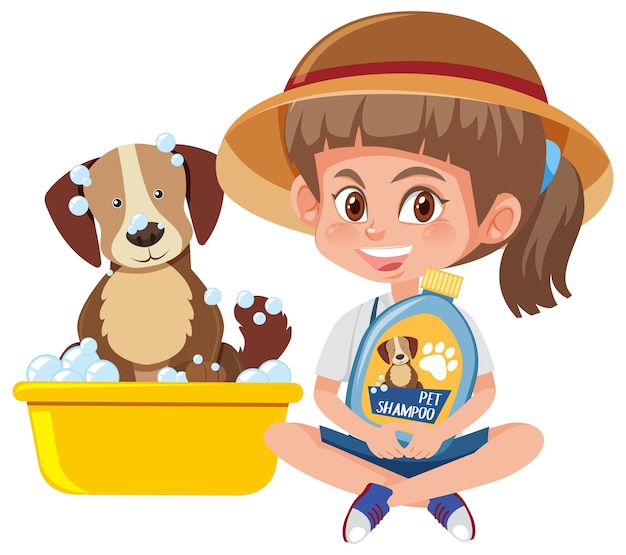 Girl holding dog shampoo product with cute dog on white