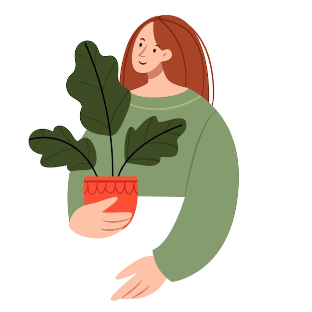 Girl holding a flowerpot in her hands. Houseplant in a pot. Love of nature. Flat illustration.