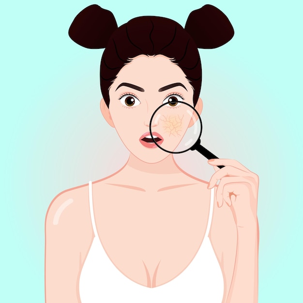 Girl holding a magnifying glass with skin problems dry skin skincare facial treatment beauty