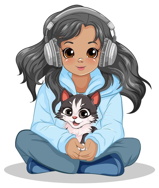 Vector girl holding pet sitting on the floor listening to music with headset