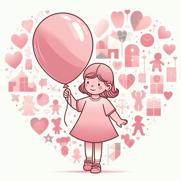 a girl holding a pink balloon with a heart with many hearts and a pink background