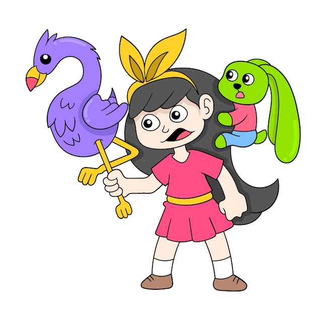 Girl holding a puppet in the shape of a crane doodle icon image kawaii