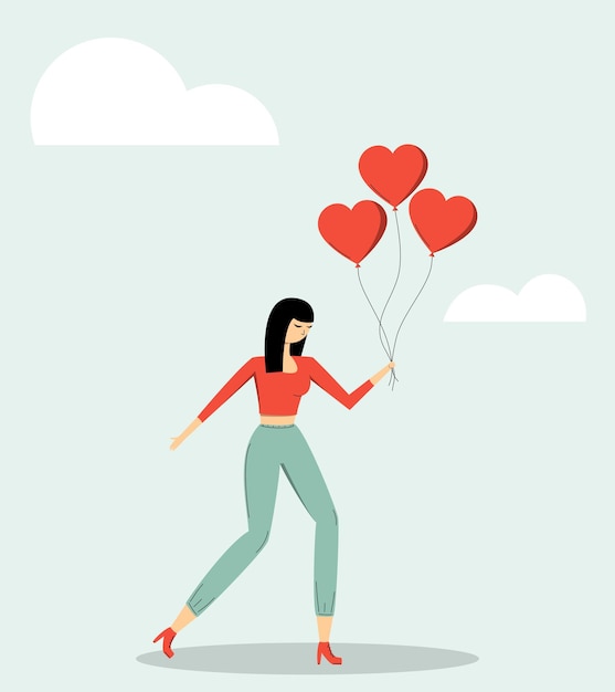 Girl holding red heart shape balloons Valentines Day Vector image Cartoon style