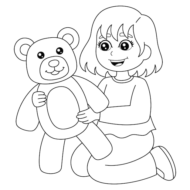 Girl Holding A Teddy Bear Coloring Page Isolated