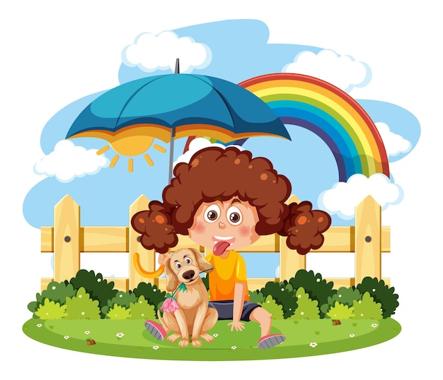 A girl holding an umbrella with a dog