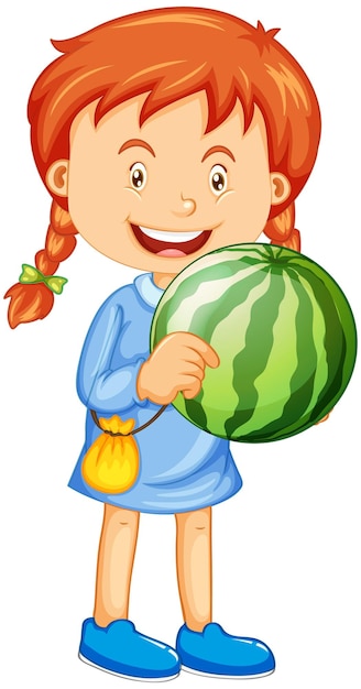 A girl holding watermelon fruit cartoon character isolated on white background