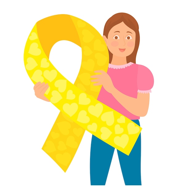 Girl holding a yellow ribbon in support of childhood cancer