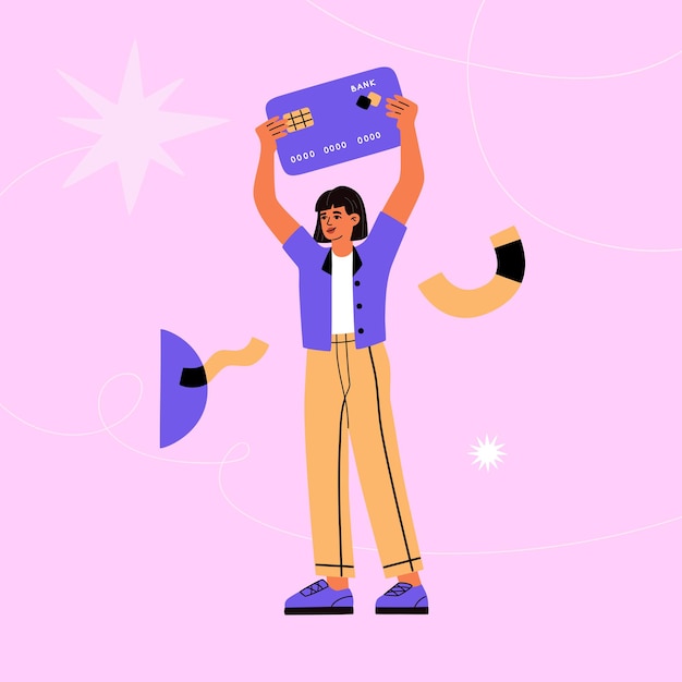 Girl holds a big credit card. Secure shopping and transfer money, cashless payment. Hand drawn vector illustration isolated on a purple background with geometric shapes and stars. Flat cartoon style.