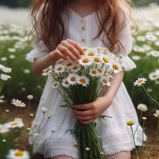 a girl holds a bouquet of daisies in a field