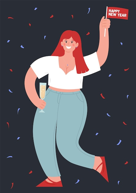 A girl holds a glass of champagne and a flag with the inscription Happy New Year Modern vector flat illustration