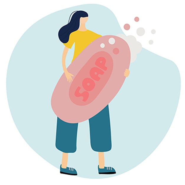 girl holds a huge soap. Vector illustration flat cartoon design isolated on background. wash your hads consept. Personal hygiene.