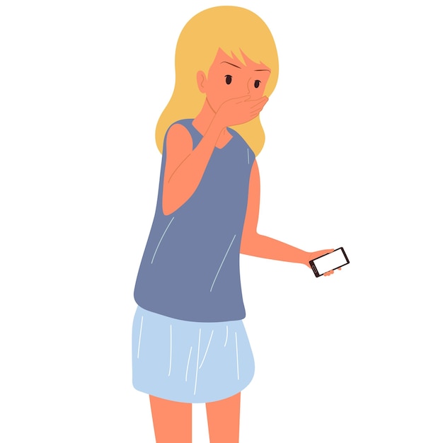 The girl holds a smartphone in her hand Emotions Vector