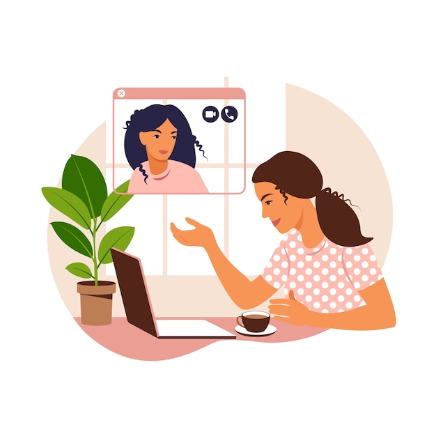 Girl at home or in the office at a desk with a laptop. Communication with the team via video online, urgent meeting, remote work, freelance. flat illustration.