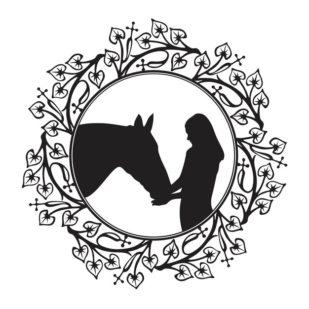 Vector girl and horse love with floral frame logo handmade silhouette