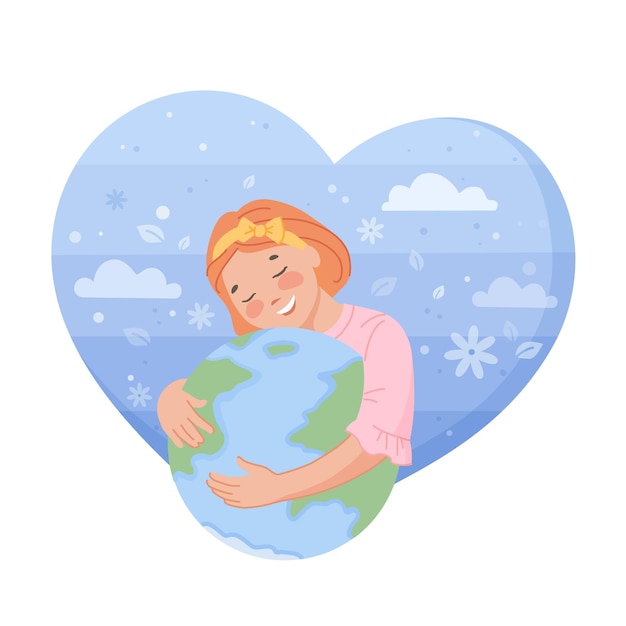 Girl hug planet Kid hugs earth environment care eco protection save world child friendly embrace globe clean ecology environmental peace recycle nature swanky vector