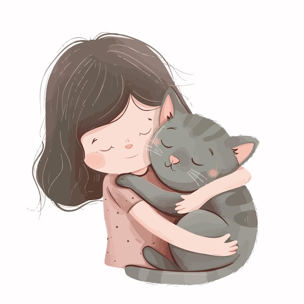 Vector a girl hugging a cat with a cat on her lap