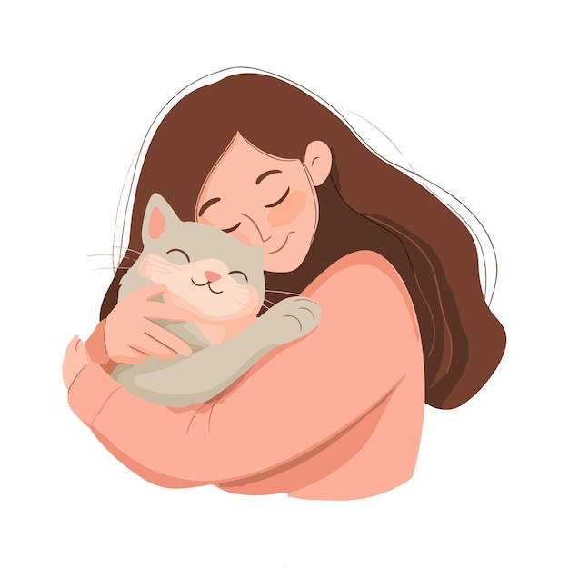 Girl hugging cat with love Flat illustration