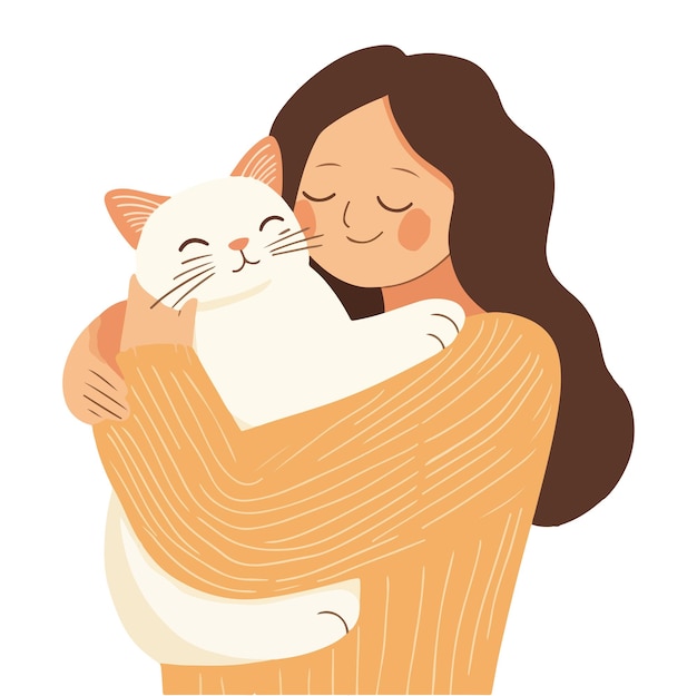 Girl hugging cat with love Flat illustration