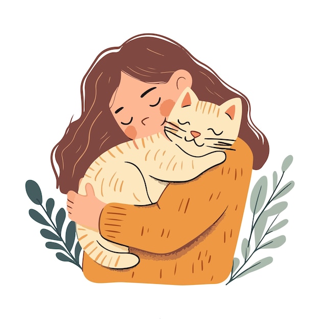 Girl hugging cat with love Flat illustration