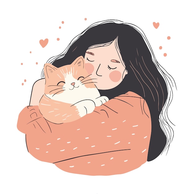 Vector girl hugging cat with love flat illustration