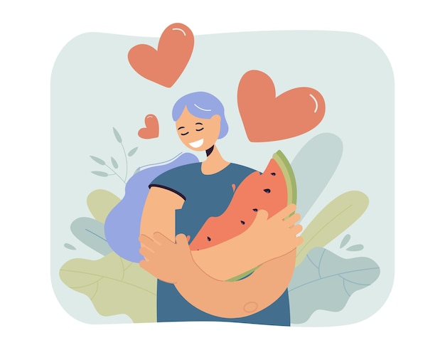 Girl hugging slice of watermelon flat vector illustration. Happy young woman with hearts under her head eating her favorite summer fruit. Food concept for banner, website design or landing web page