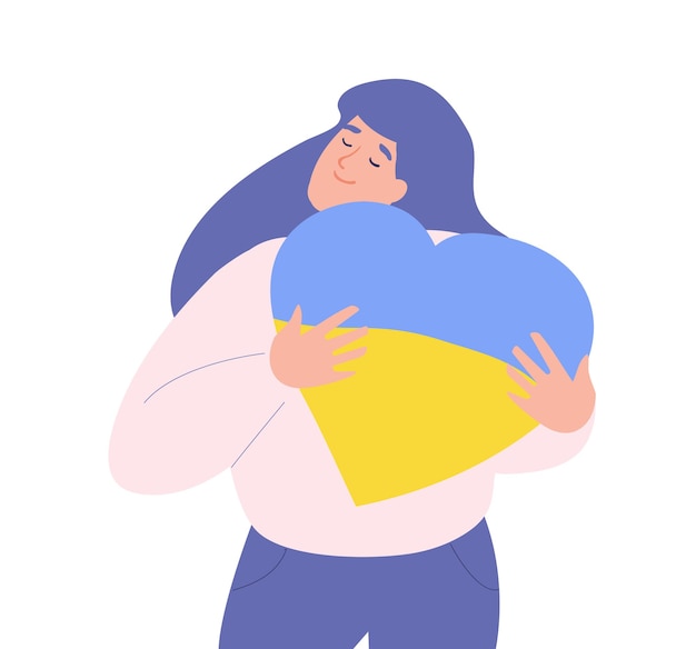 Girl hugs a heart with the colors of the flag of Ukraine Stay with Ukraine concept