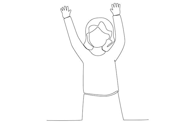 A girl illustration with long hair waving her hands for woman's day one line art