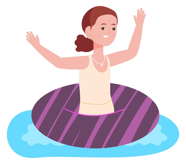 Girl in inflatable ring Floating happy kid in water