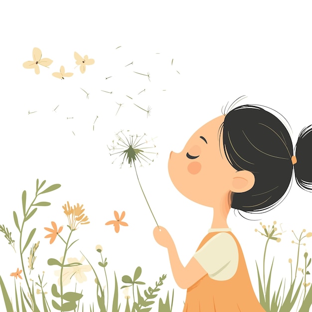 Vector a girl is blowing a dandelion with butterflies