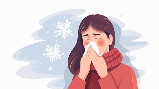 a girl is blowing her nose with snowflakes on her face