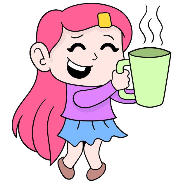 Girl is bringing a glass of hot drink to serve, vector illustration art. doodle icon image kawaii.