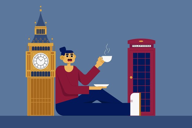 Girl is drinking tea next to Big Ben and a phone booth English theme cartoon vector illustration