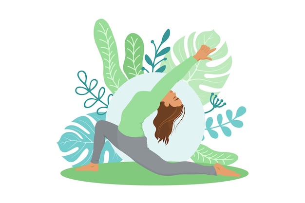 The girl is engaged in yoga on the background of a floral abstract composition Vector illustration