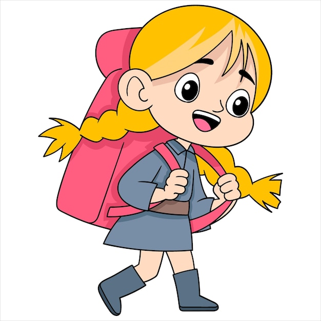 girl is exploring nature carrying a large bag filled with equipment